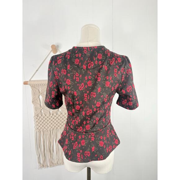 Anthro Meadow & Rue Heartland Floral Faux Wrap Peplum Top Size XS Black Red - Picture 9 of 12